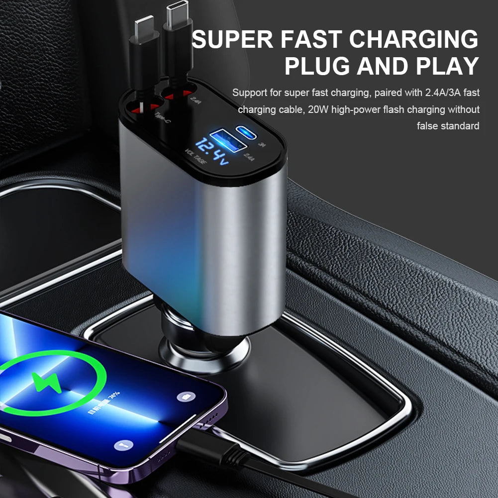 Retractable car charger, 120W, 4-in-1 design