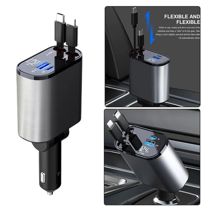 Retractable car charger, 120W, 4-in-1 design